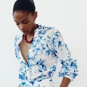 Zara White Cotton Blouse with Blue Floral - Size L